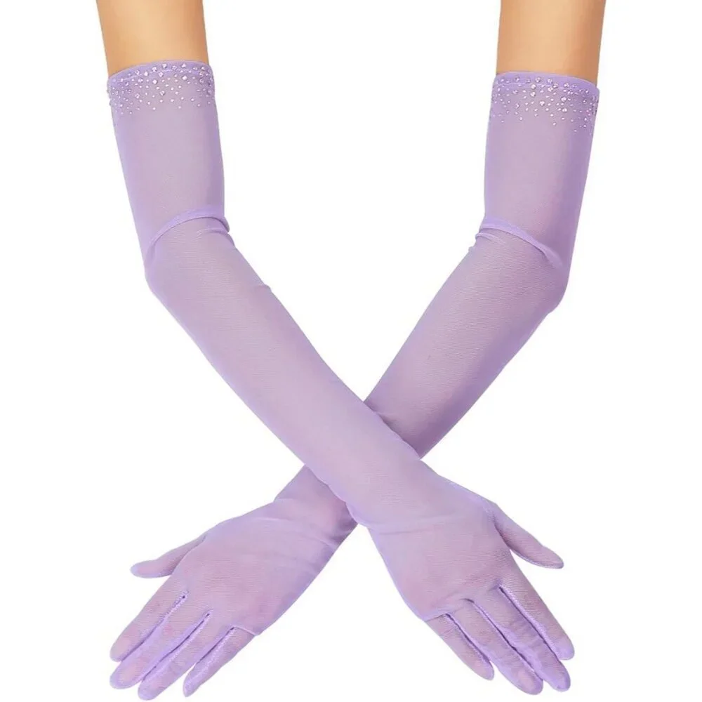 Women's Sexy Pearl Beaded Lavender Long Gloves Tulle Mesh Wedding Party Prom